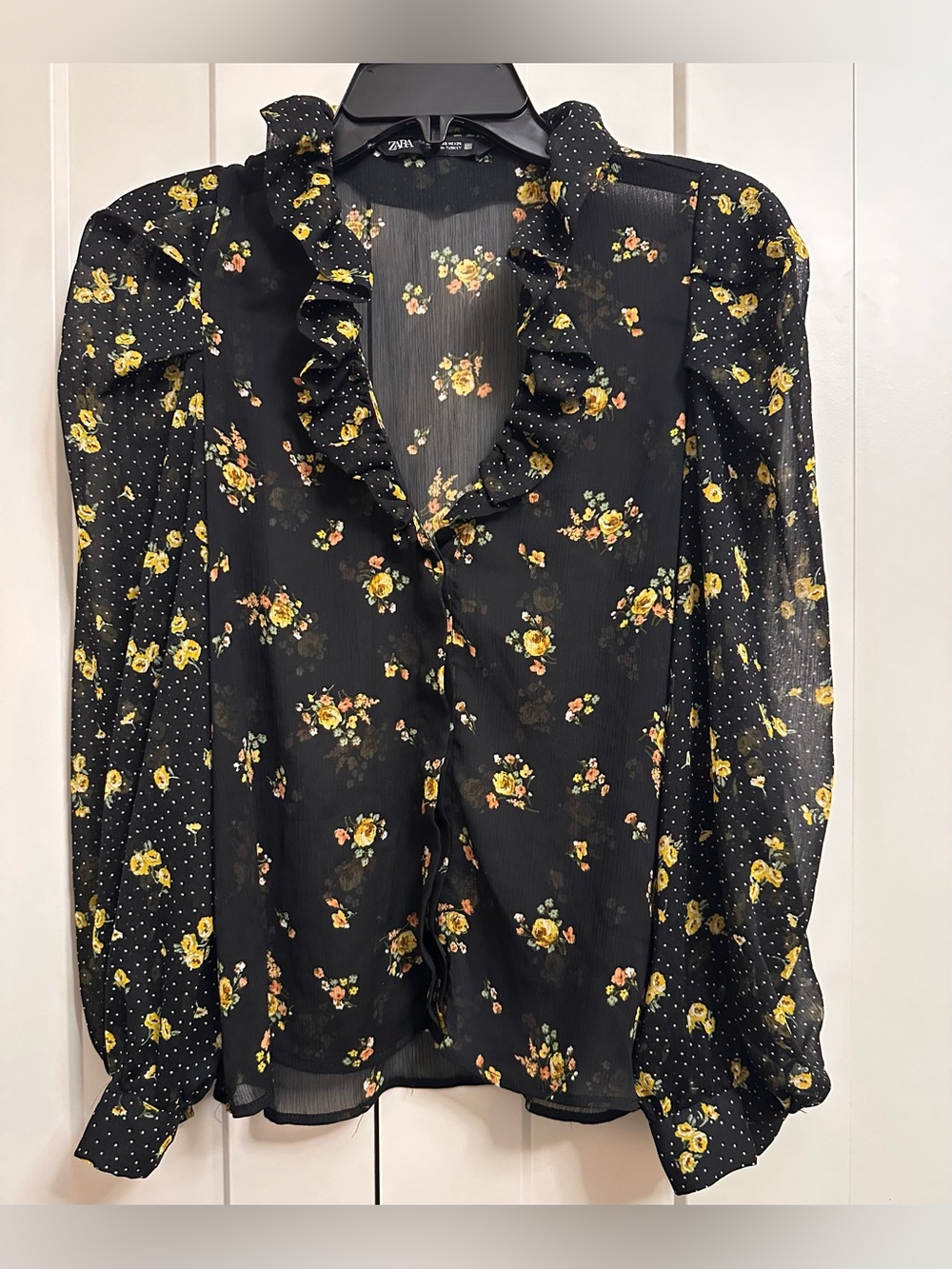 Zara Sheer Floral Polka Dot Ruffle V-Neck Blouse Black Yellow Size XS
